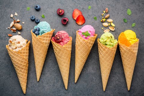Directly Above Shot Of Ice Creams And Fruits