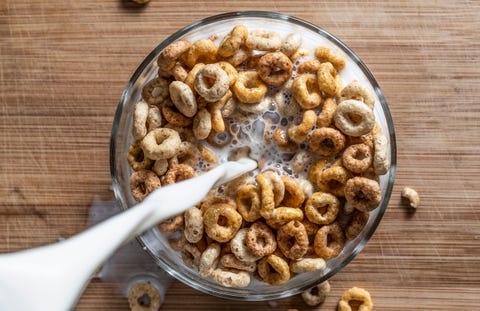 directly above shot of milk pouring in breakfast served on table