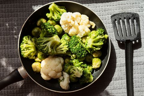 directly above shot of vegetables in cooking pan over table