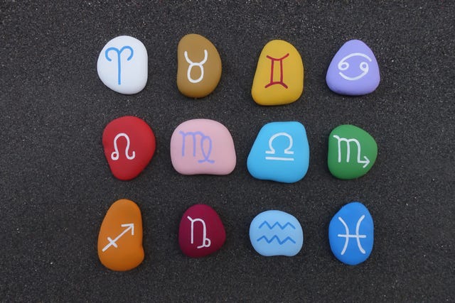 directly above view of astrology signs pebbles on table