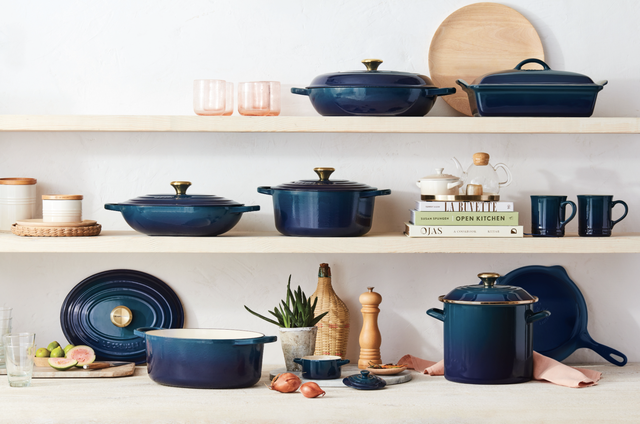new agave le creuset cookware on shelves
