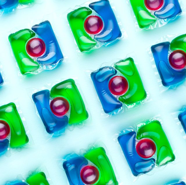 green red and blue dishwasher tablets