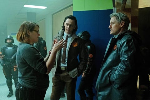 director kate herron on the set of loki with stars tom hiddleston and owen wilson