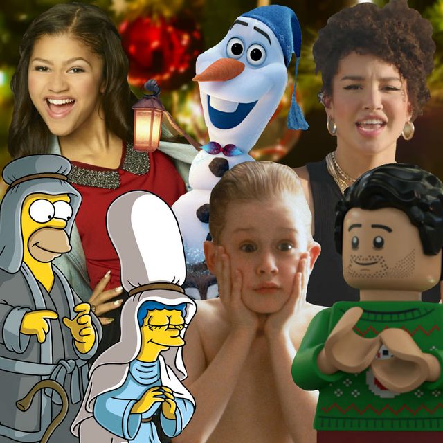photoshop comp of shake it up, olaf's frozen adventure, hsmtmts holiday special, the simpsons, home alone and lego star wars holiday special