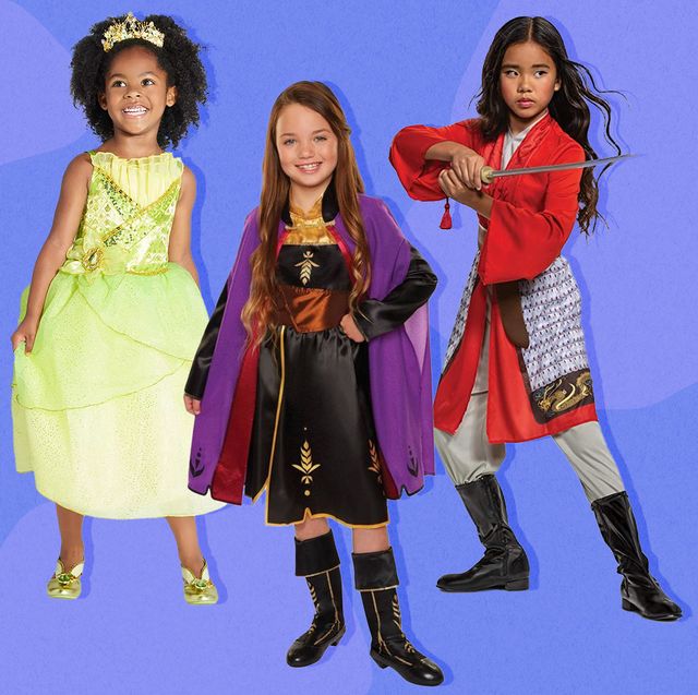 young girls wearing disney princess costumes including tiana, anna, and mulan