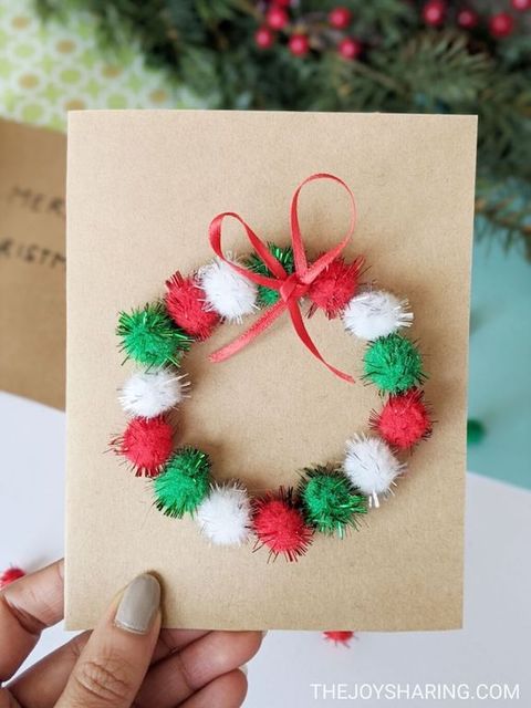 diy christmas card ideas  pom pom wreath card