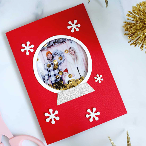 diy christmas cards, elf and snow globe holiday cards