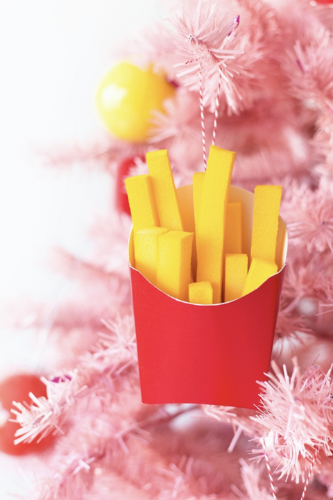 diy christmas ornaments, box of french fries ornament hanging on pink tree