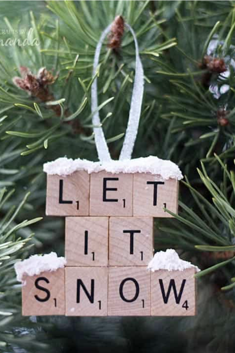 diy christmas ornaments, let it snow ornament made of scrabble tiles