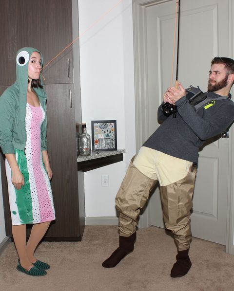 funny diy couples costume with trout fisherman reeling in woman in trout costume