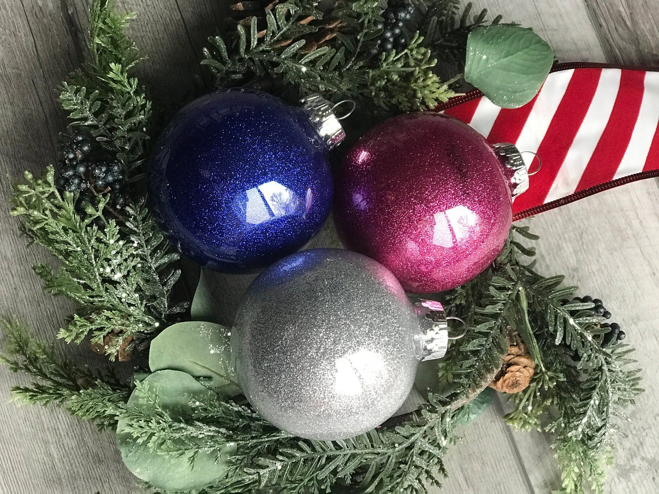 12 HANDMADE CHRISTMAS ORNAMENTS MADE WITH BLING BLACK GREEN AND PURPLE 