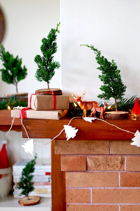 small chrıstmas tree decoratıons on the mantel