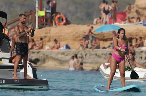 anabel pantoja and omar sanchez paddle surf during holidays in ibiza 13 august 2021