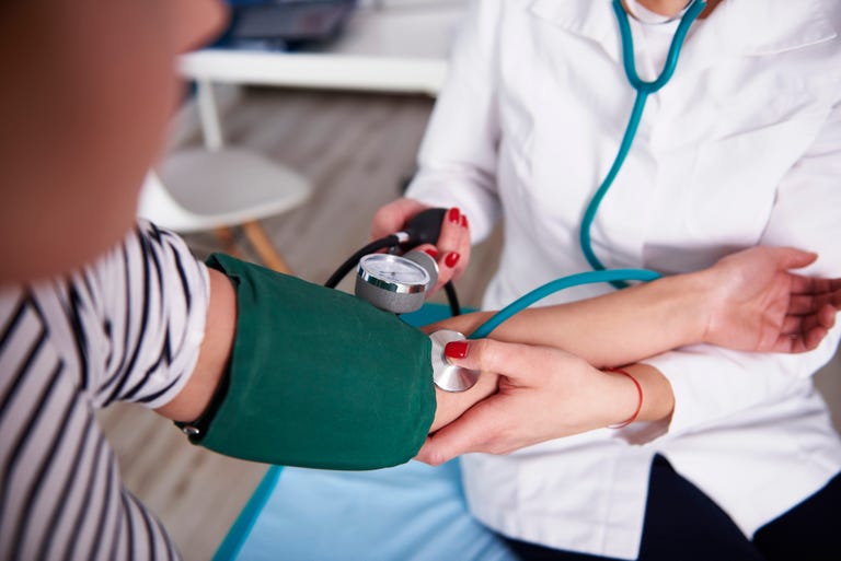 Doctor taking blood pressure of woman in medical practice