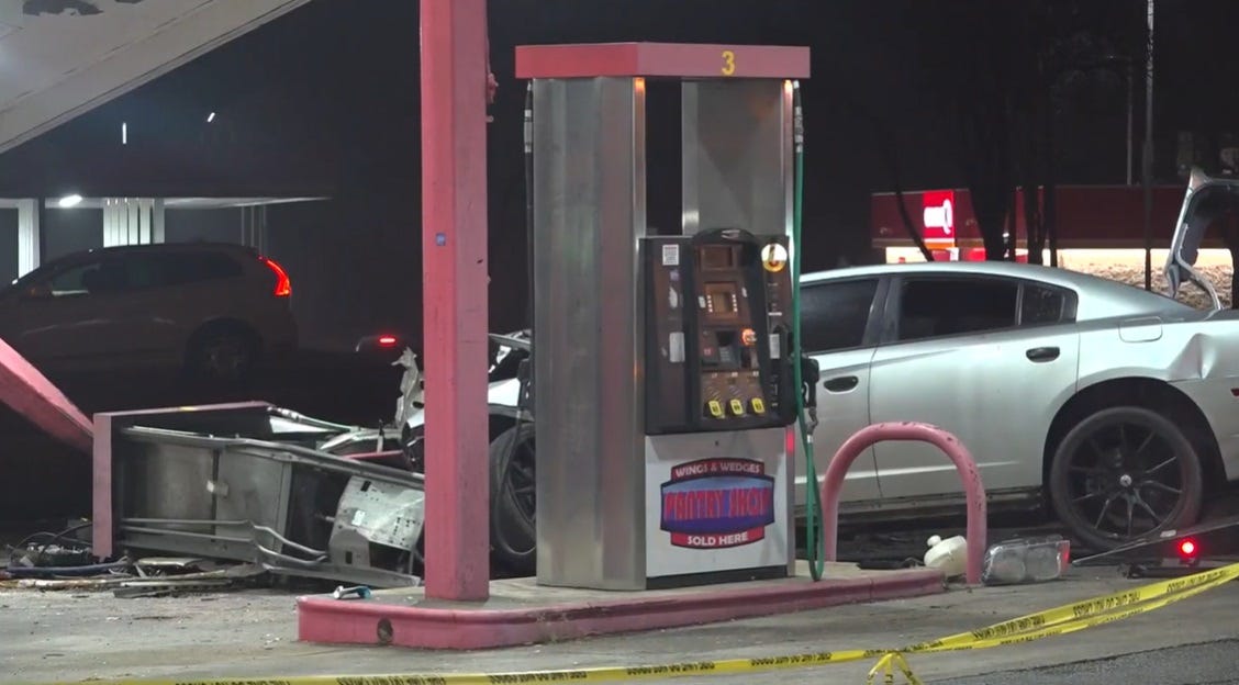 Video: Violent Dodge Charger Crash Takes Out Gas Station Canopy and Pump