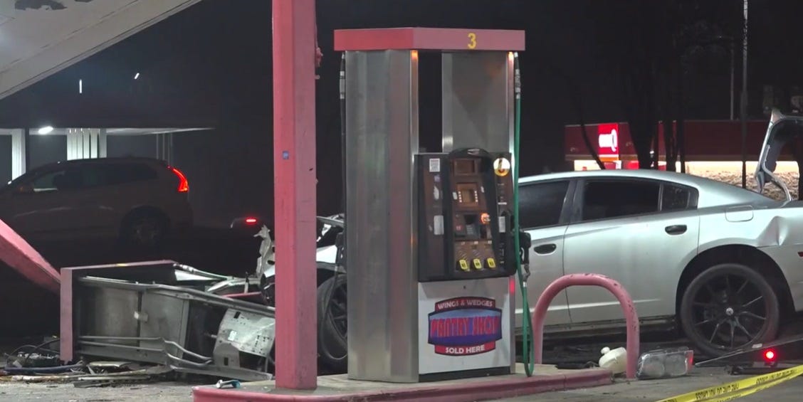 Video: Violent Dodge Charger Crash Takes Out Gas Station Canopy and Pump