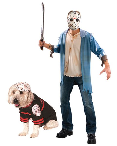 dog and adult both dressed as jason voorhees