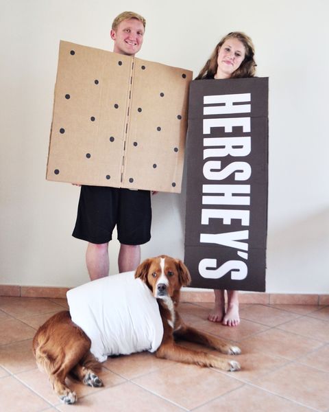 man dressed as graham cracker, woman dressed as hersheys chocolate bar, dog dressed as marshmallows