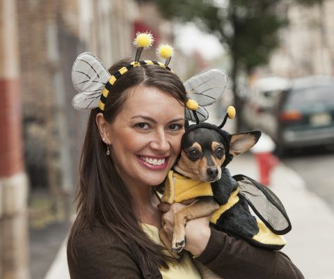 woman and dog in bee costumes