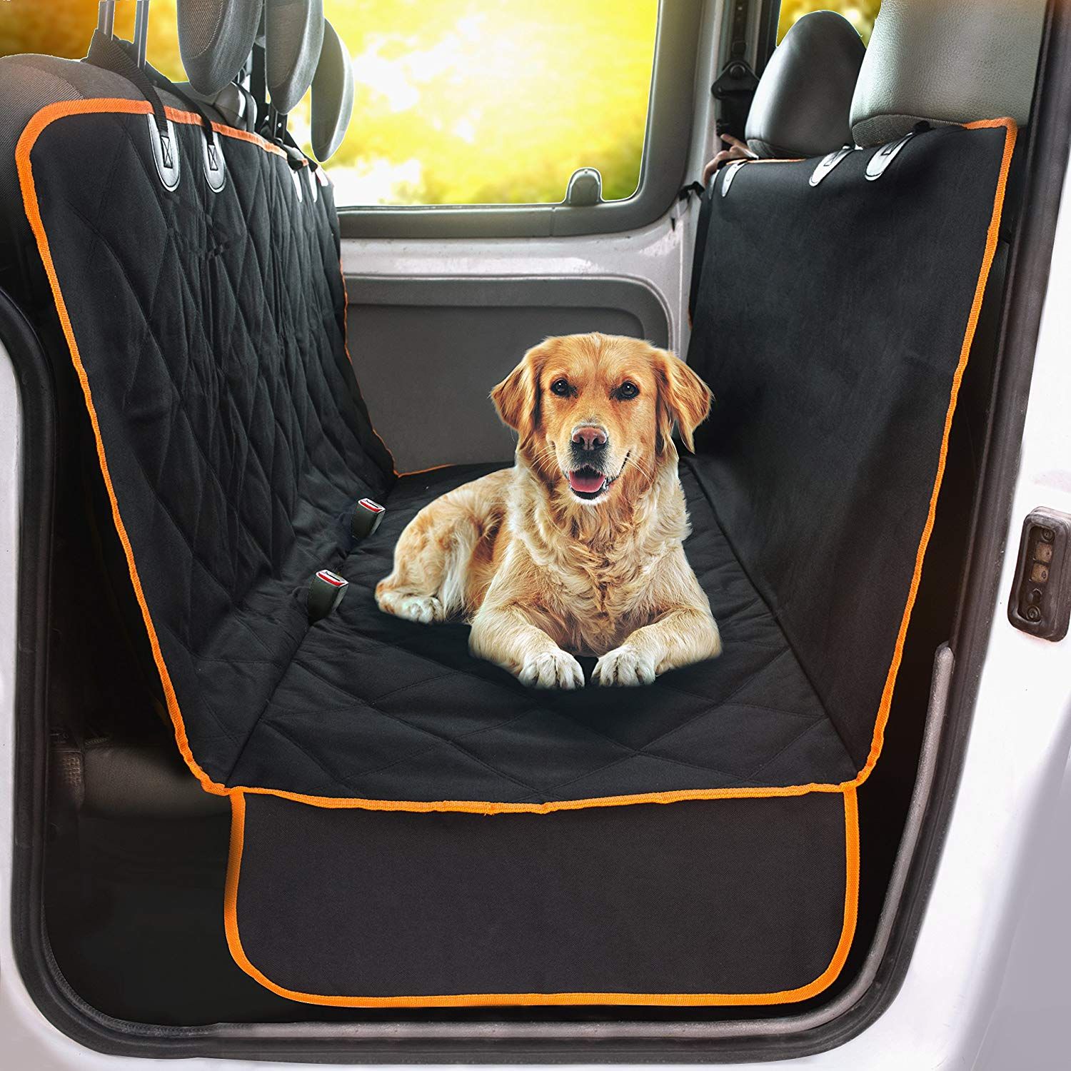Hansprou Dog Seat Cover Car Seat Cover for Pets 100% Waterproof Scratchproof Nonslip Multi-fuction Pet Seat Cover for Back Seat with Storage Pockets 1 Dog Seat Belt 1 Extra Padded Cars Trucks SUVs 