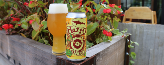 a hazy ipa beer can poured out into a glass