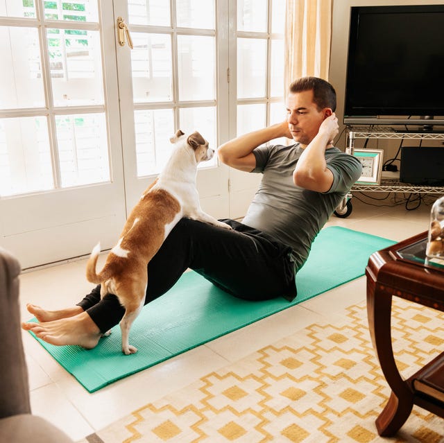 Doing exercise at home with dog during Coronavirus quarantine. Covid-19. doing exercise at home with dog during coronavirus quarantine covid 19