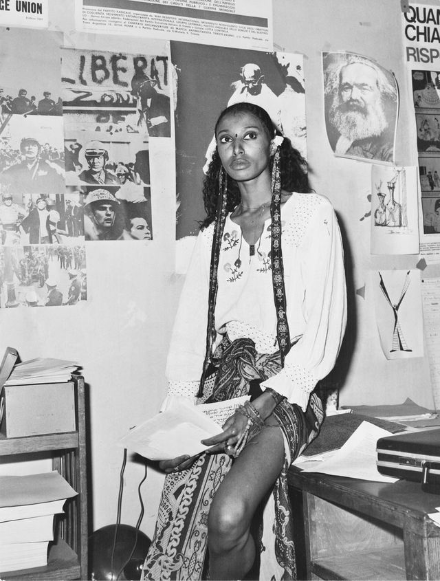 american model and actress donyale luna 1945 – 1979 in italy, 1973 on the wall behind her are pictures of mahatma gandhi and karl marx photo by keystonehulton archivegetty images