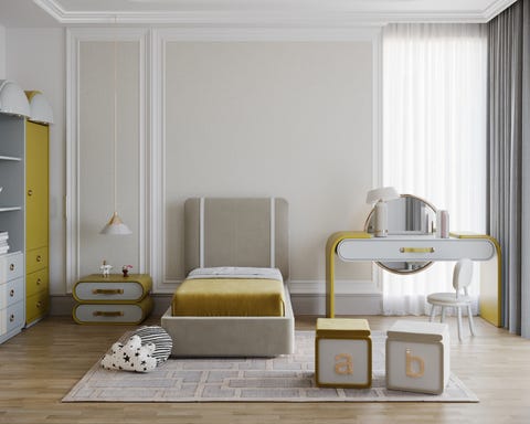dormitorio infantil en estilo art deco en blanco y amarillo
