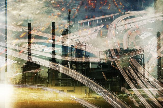 double exposure of highway and power plant