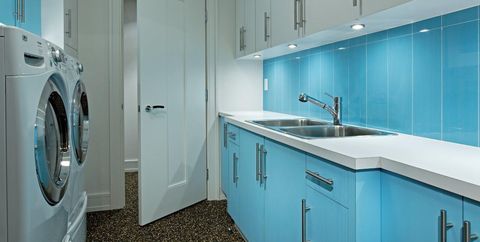 Room, Blue, Turquoise, Property, Aqua, Bathroom, Laundry room, Cabinetry, Interior design, Furniture, 