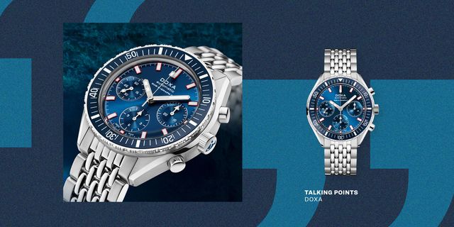 a doxa watch on a blue background with quote graphics