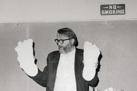 Anthropologist Grover Krantz Holding up Sasquatch Prints