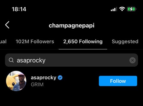 Drake following A$AP Rocky on February 1, 2022 drake following a$ap rocky on february 1, 2022