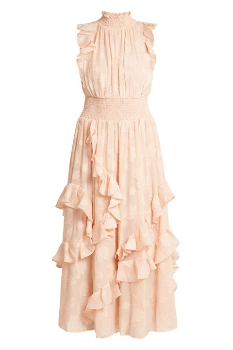 Clothing, Dress, Day dress, Ruffle, Cocktail dress, Shoulder, Pink, Gown, Textile, Beige, 