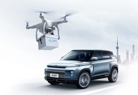 drone delivering keys to Geely ICON
