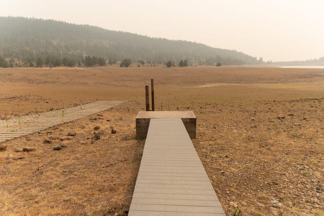 Fast Growing Patton Meadow Fire Burns In Southern Oregon lakeview, or august 16, 2021 a boat dock is seen in the cottonwood reservoir which has almost completely dried out due to drought, august 16, 2021 near lakeview, oregon the patton meadow fire was ignited on august 12th by lightning and has caused level three evacuations throughout the region photo by mathieu lewis rollandgetty images
