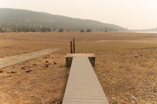 lakeview, or   august 16, 2021 a boat dock is seen in the cottonwood reservoir which has almost completely dried out due to drought, august 16, 2021 near lakeview, oregon the patton meadow fire was ignited on august 12th by lightning and has caused level three evacuations throughout the region photo by mathieu lewis rollandgetty images