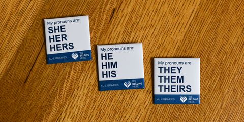 KU Libraries gender pronoun pins