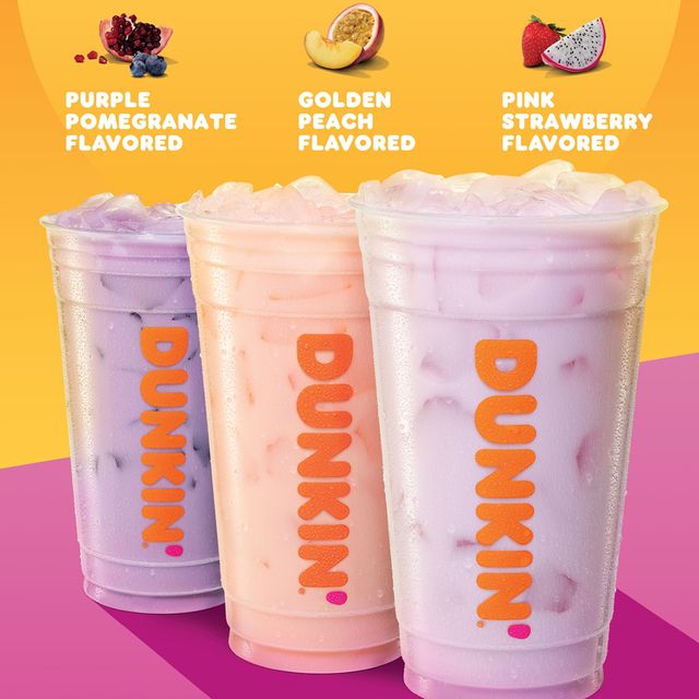 dunkin' coconutmilk pink strawberry, golden peach, and purple pomegranate resfreshers