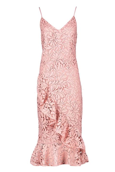 Clothing, Dress, Pink, Cocktail dress, Day dress, Neck, Lace, Peach, Gown, Sheath dress, 
