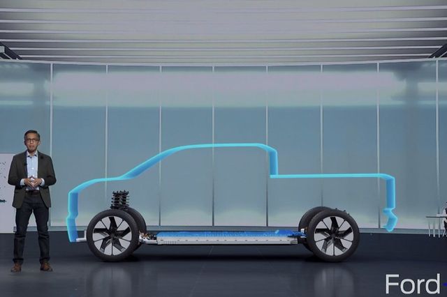 silhouette of an electric truck shown running a new ford ev platform