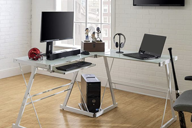 a desk setup in a home office