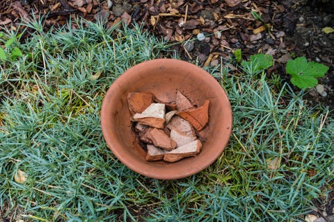 earthenware flower pot with cracked pieces inside