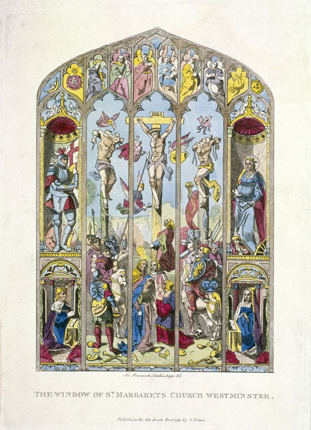 Fenêtre orientale de St Margaret, Westminster, représentant la crucifixion, Londres, 1795. Artiste : Anon