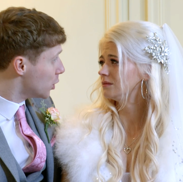 jay and lola in wedding outfits in eastenders