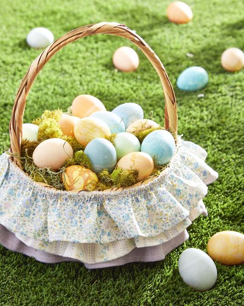 easter basket in grass with floral ruffles