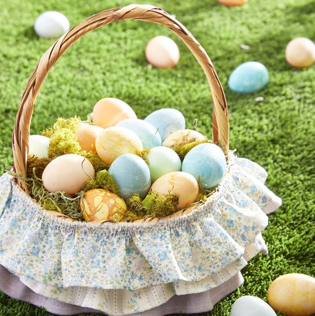 easter basket in grass with floral ruffles