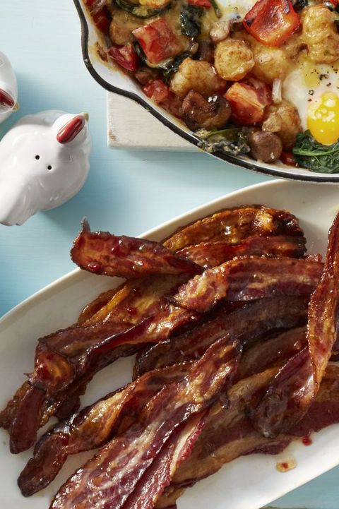 breakfast in bed sweet and spicy glazed bacon on white platter