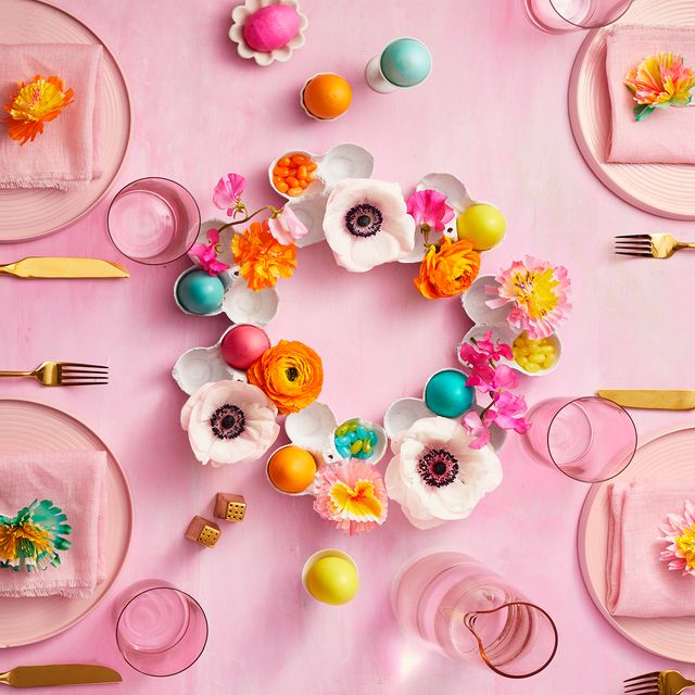 easter party table setting with egg carton centerpiece