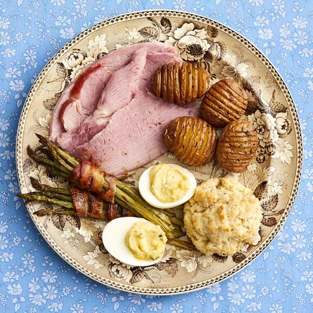 easter dinner ideas easter plate with ham potatoes eggs and asparagus